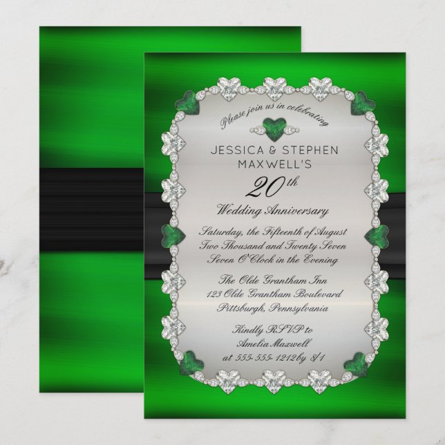 Diamonds Emeralds Green 20th Wedding Anniversary Invitation (Front/Back)
