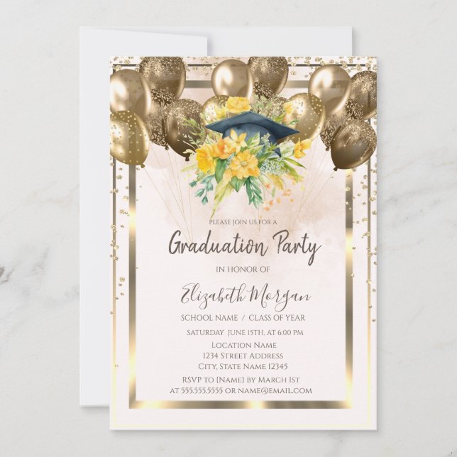Diamonds Floral Grad Cap Balloons Cream Graduation Invitation (Front)