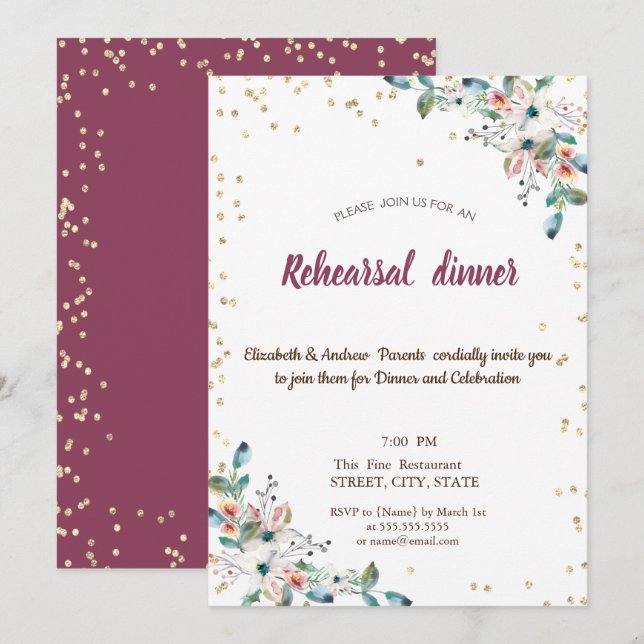 Diamonds Flowers Burgundy Rehearsal Dinner Invitation (Front/Back)