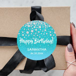 Diamonds glitter on teal blue green Happy Birthday Classic Round Sticker<br><div class="desc">Teal,  blue green gradient coloured faux glitter with faux diamond sprinkle. With the text: Happy Birthday! Templates for a name and a date. Date of birth or the date of the party/anniversary. White letters.</div>