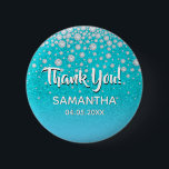 Diamonds glitter teal blue green thank you 2 inch round button<br><div class="desc">Teal,  blue green gradient coloured faux glitter with faux diamond sprinkle. With the text: Thank You! Templates for a name and a date. Date of birth or the date of the party/anniversary. White letters.  For a birthday party,  baby shower or bridal shower.</div>