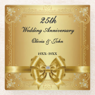 Diamonds & gold 25th Wedding Anniversary gift Glass Coaster