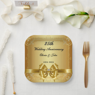 Diamonds & gold 25th Wedding Anniversary gift Paper Plate
