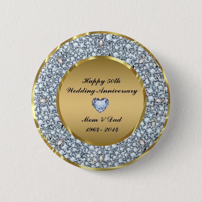 Diamonds & Gold 50th Wedding Anniversary 2 Inch Round Button (Front)