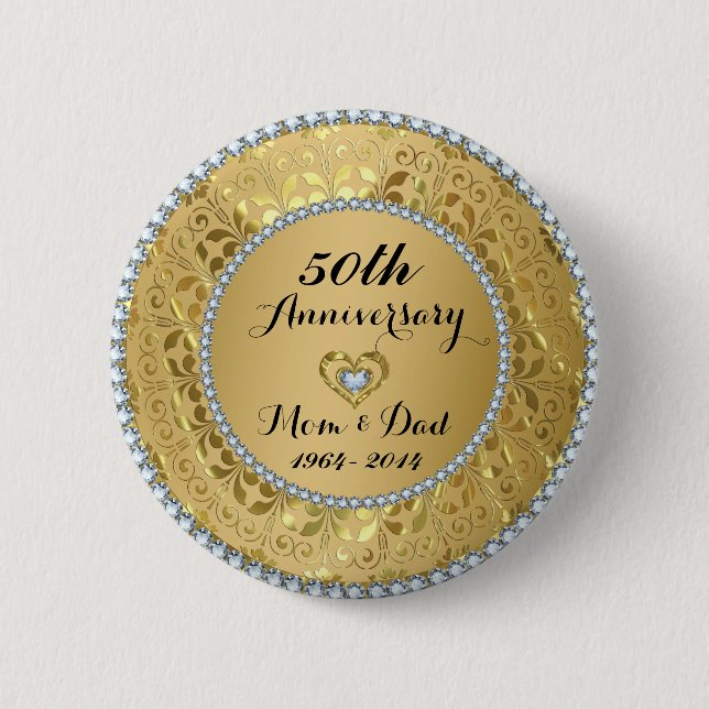 Diamonds & Gold 50th Wedding Anniversary 2 Inch Round Button (Front)