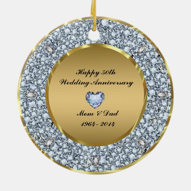 Diamonds & Gold 50th Wedding Anniversary Ceramic Ornament (Back)
