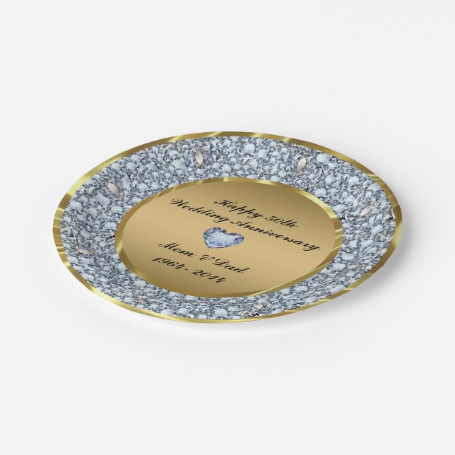 Diamonds & Gold 50th Wedding Anniversary Paper Plate (Angled)