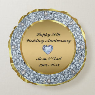 Diamonds & Gold 50th Wedding Anniversary Round Pillow