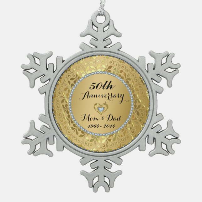 Diamonds & Gold 50th Wedding Anniversary Snowflake Pewter Christmas Ornament (Front)