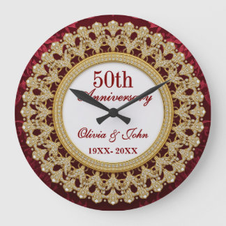 Diamonds Gold & burgundy 50th Wedding Anniversary Large Clock