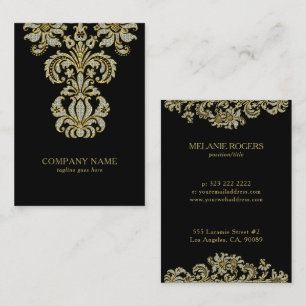 Diamonds & Gold Floral Swirl On Black Business Card
