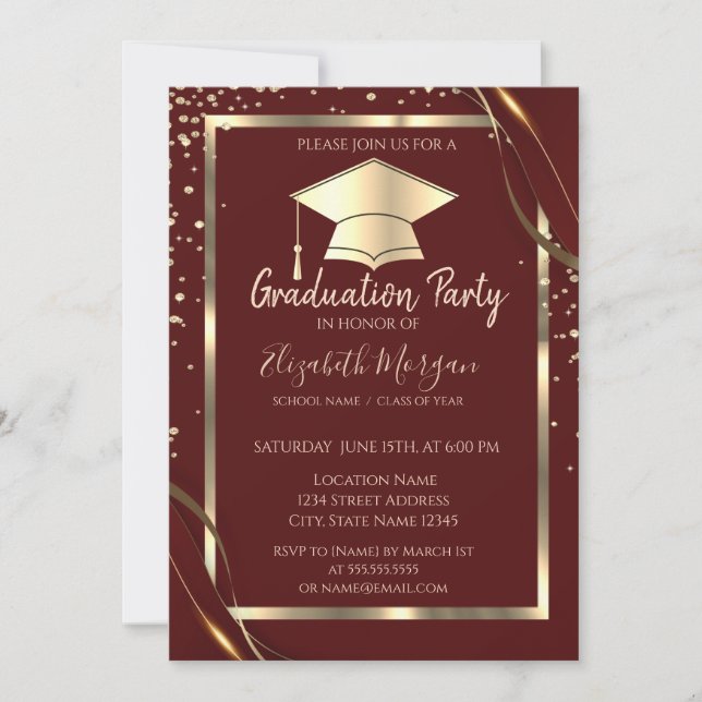 Diamonds Gold Frame Grad Cap Red Graduation  Invitation (Front)