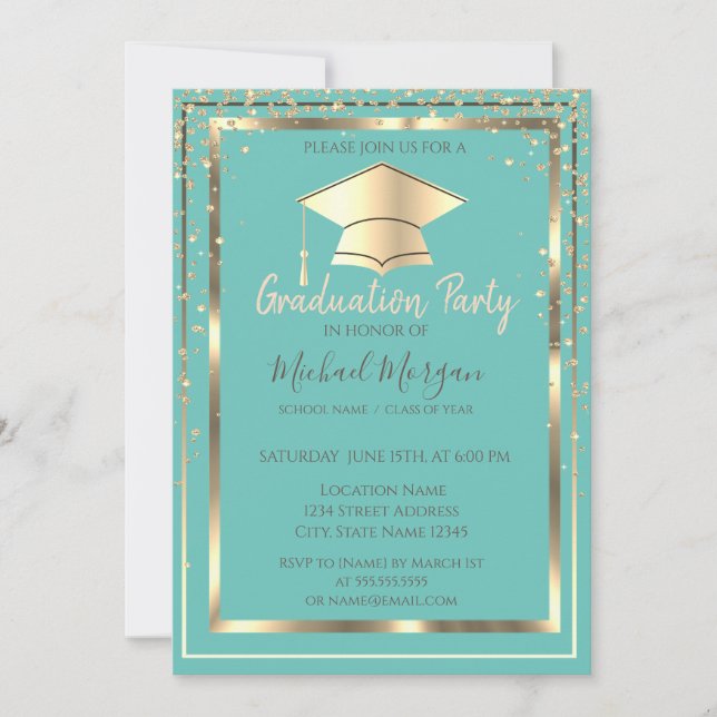 Diamonds Gold Grad Cap Mint Green Graduation   Invitation (Front)
