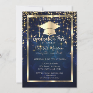 Diamonds Gold Grad Cap Stars Blue Graduation  Invitation