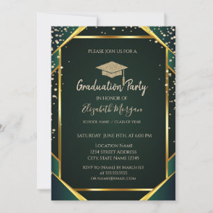 Diamonds Gold Grad Cap Striped Green Graduation Invitation