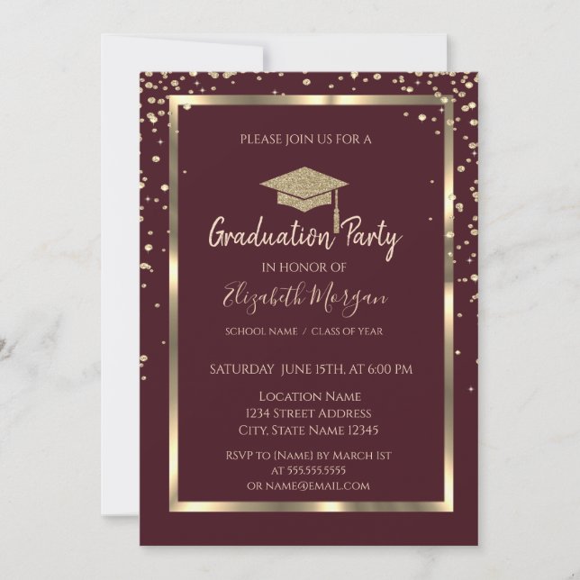 Diamonds Gold Graduation Cap Burgundy Graduation Invitation (Front)