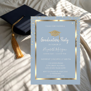 Diamonds Gold Graduation Cap Dusty Blue Graduation Invitation