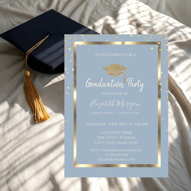 Diamonds Gold Graduation Cap Dusty Blue Graduation Invitation (Creator Uploaded)