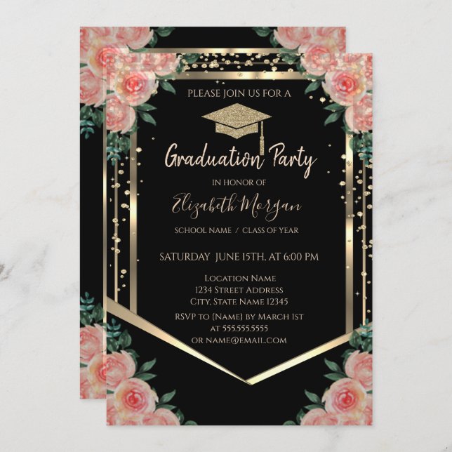 Diamonds Gold Graduation Cap Floral Graduation Invitation (Front/Back)
