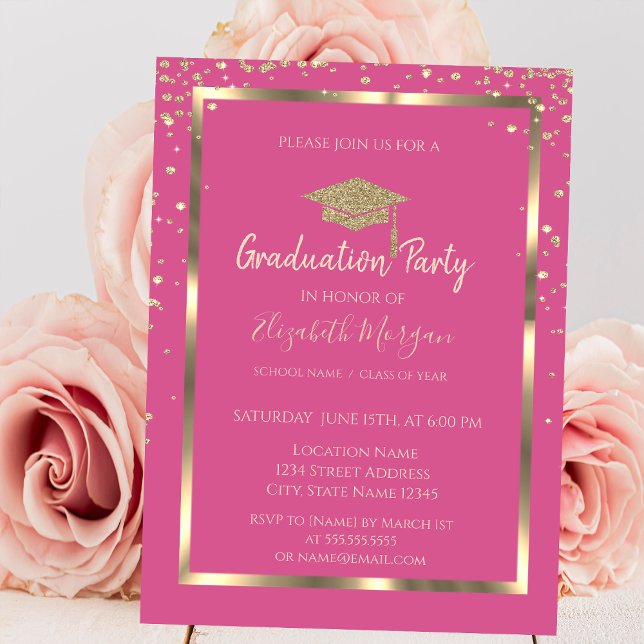 Diamonds Gold Graduation Cap Pink Graduation Invitation (Creator Uploaded)