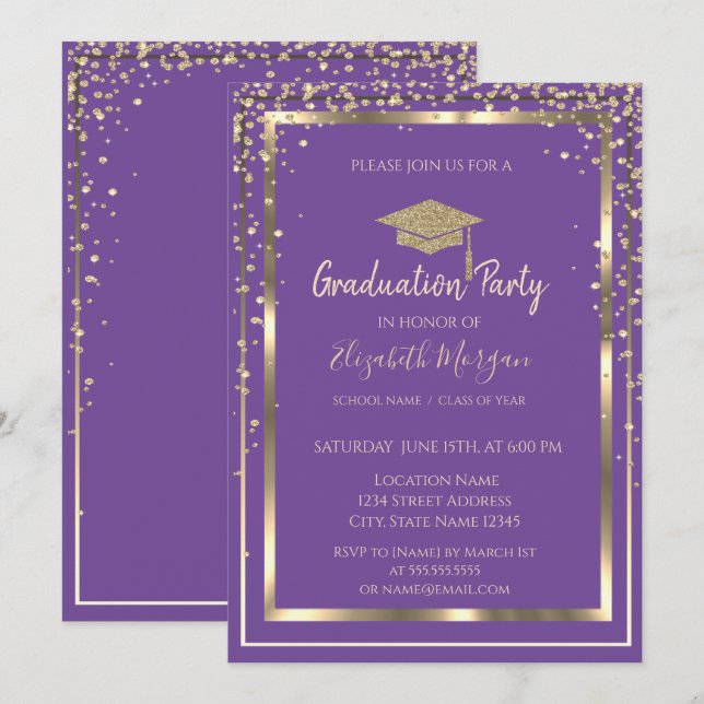 Diamonds Gold Graduation Cap Violet Graduation  Invitation (Front/Back)
