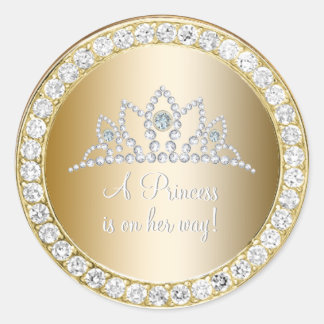 Diamonds Gold Princess Tiara Baby Shower Favour Classic Round Sticker