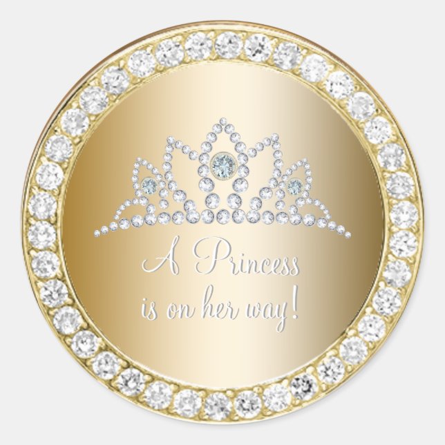 Diamonds Gold Princess Tiara Baby Shower Favour Classic Round Sticker (Front)