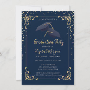 Diamonds Grad Cap Frame Navy Blue Graduation Invitation