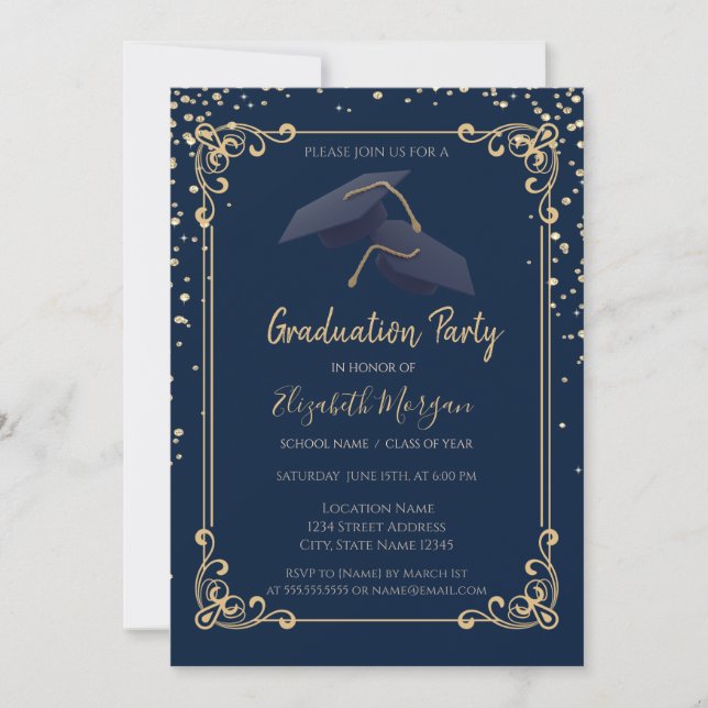 Diamonds Grad Cap Frame Navy Blue Graduation Invitation (Front)