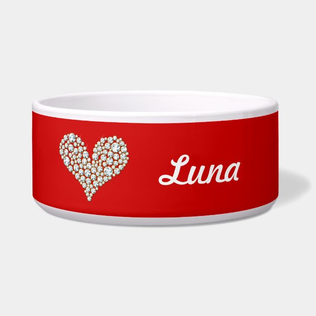 Diamonds Graphic Heart and Name on Red Pet Bowl (Front)