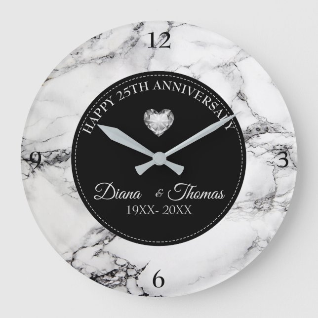 Diamonds Heart And Black White Marble Stone Large Clock (Front)