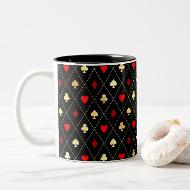 Diamonds Hearts Spades Clubs Playing Cards Pattern Two-Tone Coffee Mug (With Donut)