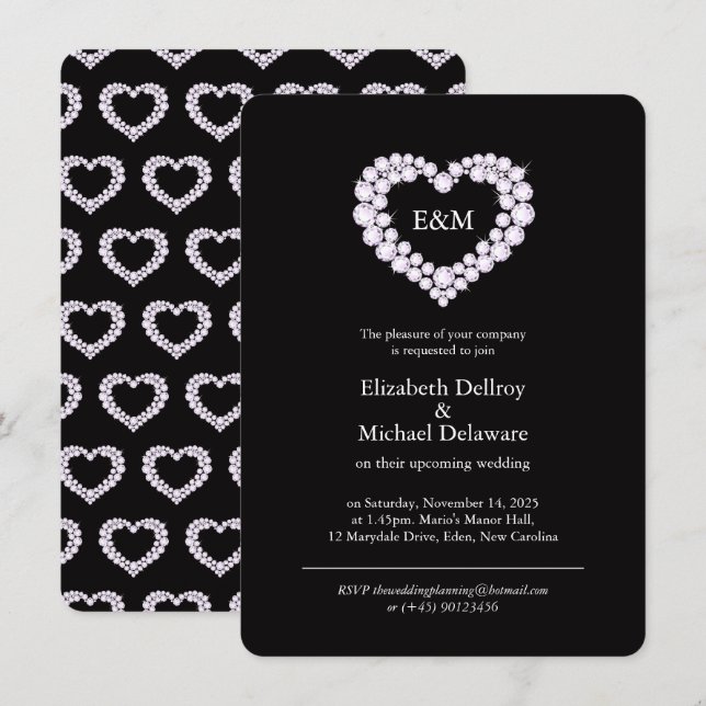 Diamonds in a heart black wedding invitation (Front/Back)