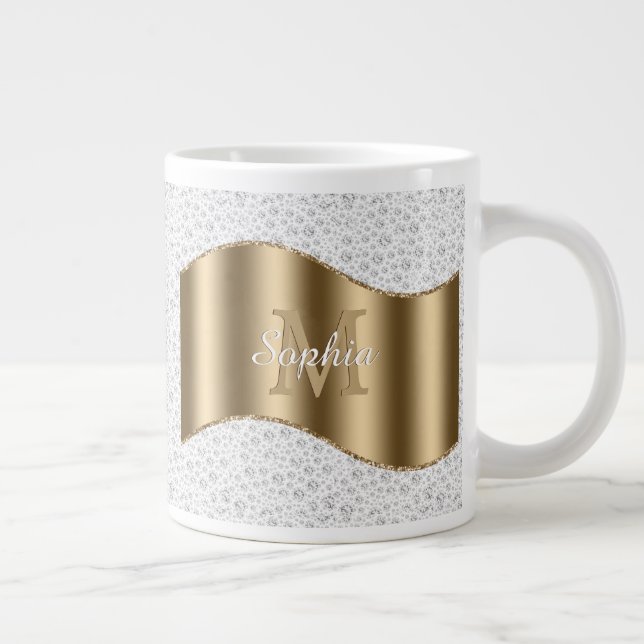 Diamonds, Large Gold Monogram White Script Name #2 Coffee Mug (Right)
