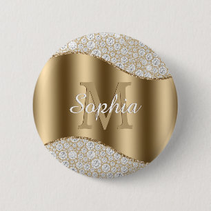Diamonds, Large Gold Monogram, White Script Name 2 Inch Round Button