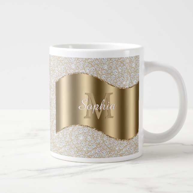 Diamonds, Large Gold Monogram White Script Name Coffee Mug (Right)