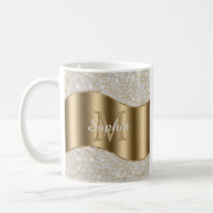 Diamonds, Large Gold Monogram, White Script Name Coffee Mug