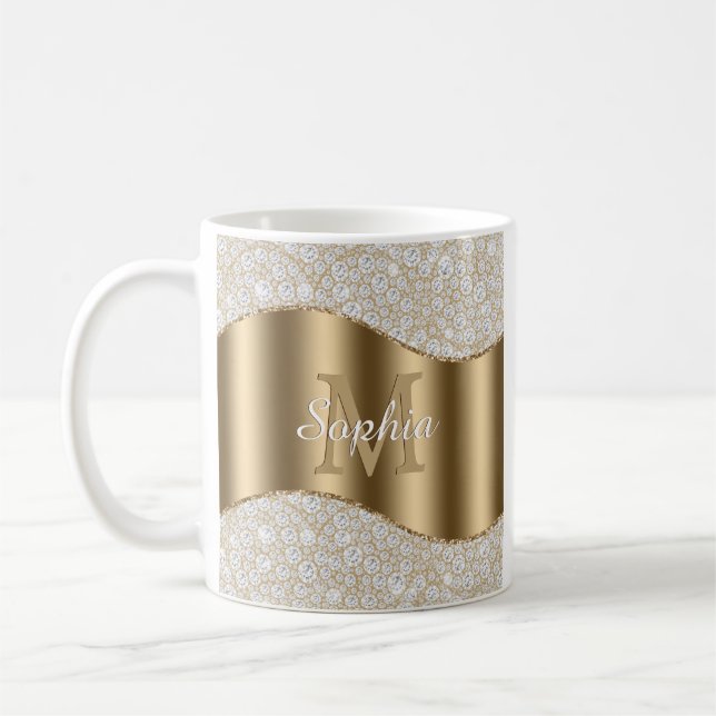 Diamonds, Large Gold Monogram, White Script Name Coffee Mug (Left)