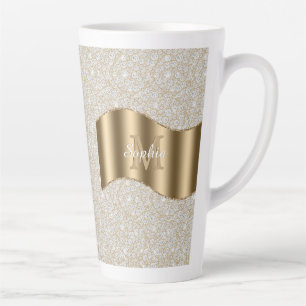 Diamonds, Large Gold Monogram White Script Name Latte Mug