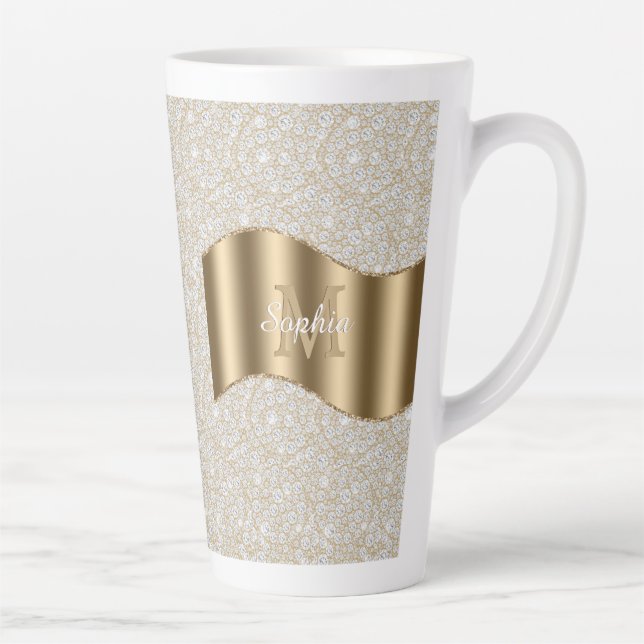 Diamonds, Large Gold Monogram White Script Name Latte Mug (Right)
