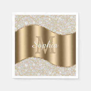 Diamonds, Large Gold Monogram, White Script Name Napkin