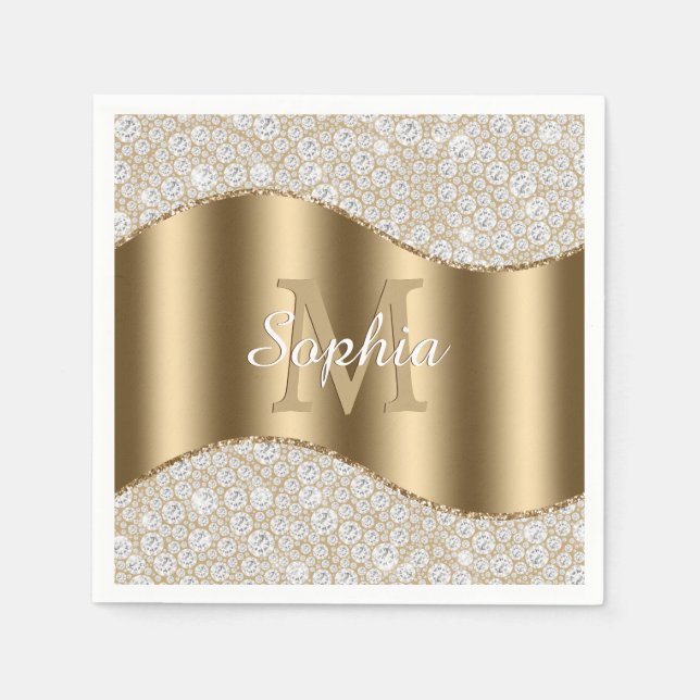 Diamonds, Large Gold Monogram, White Script Name Napkin (Front)