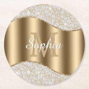 Diamonds, Large Gold Monogram, White Script Name Round Paper Coaster