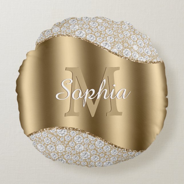 Diamonds, Large Gold Monogram, White Script Name Round Pillow (Front)