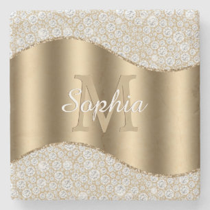 Diamonds, Large Gold Monogram, White Script Name Stone Coaster
