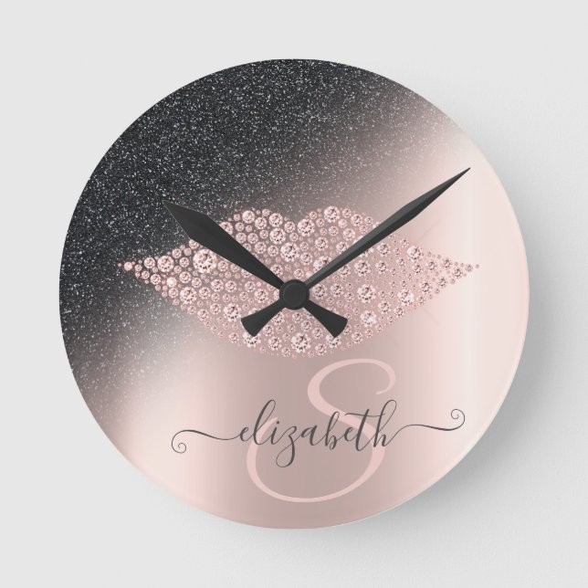 Diamonds Lips Glitter Ombre Rose Gold Round Clock (Front)