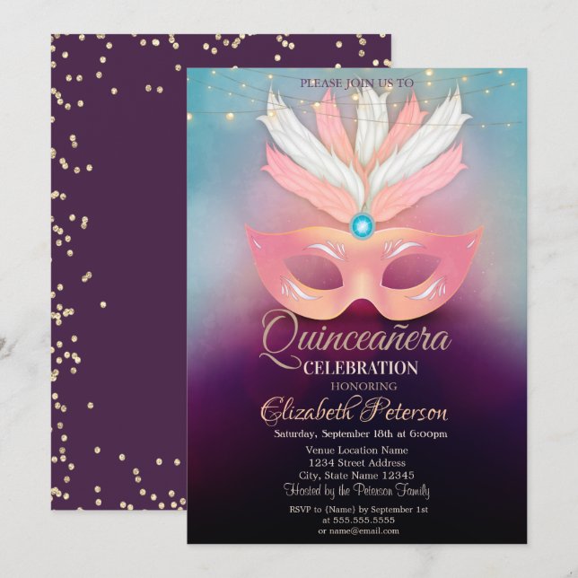 Diamonds,Masque,Lights, Masquerad Quinceañera Invitation (Front/Back)