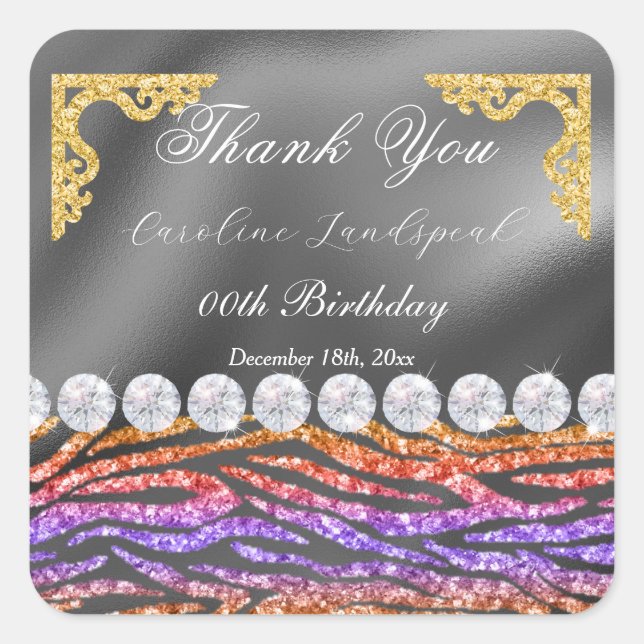 Diamonds & Orange Purple Glitter Thank You Square Sticker (Front)