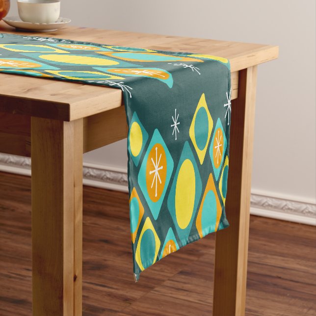 Diamonds Ovals Starbursts Teal Short Table Runner (In Situ)