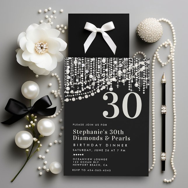 Diamonds Pearls Black White 30th Birthday Dinner Invitation (diamonds pearls 30th birthday dinner party invitation black white formal elegant stylish classy chic)
